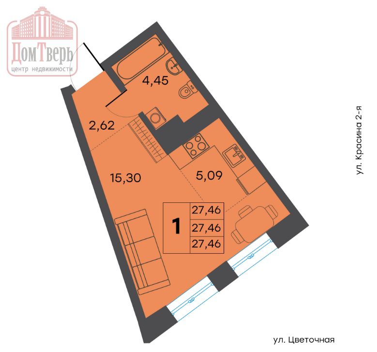 Продажа 1-комнатной новостройки, Тверь, Цветочная ул