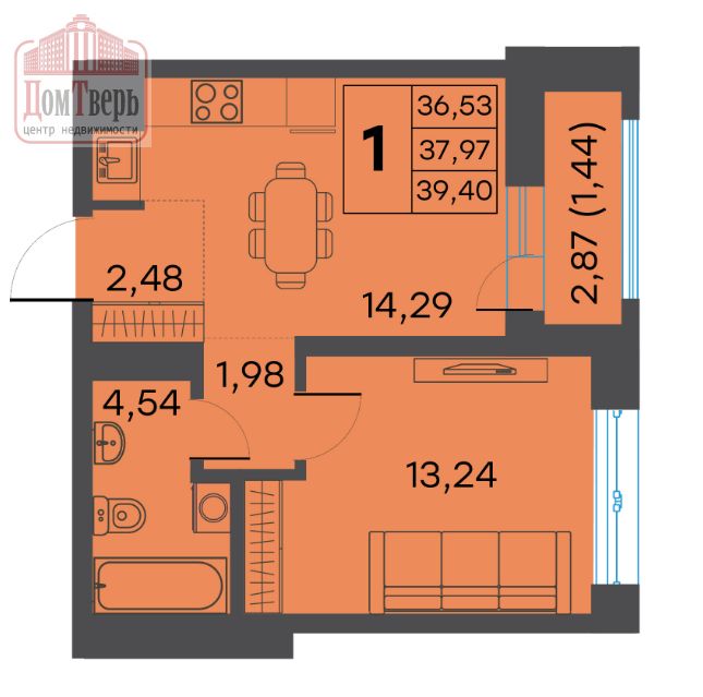 Продажа 1-комнатной новостройки, Тверь, Цветочная ул