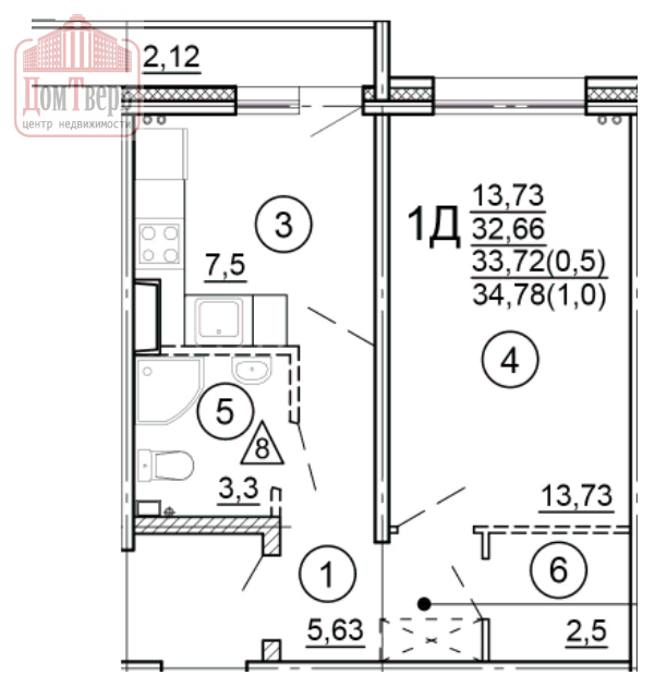 Продажа 1-комнатной новостройки, Тверь, Новочеркасская ул,  51