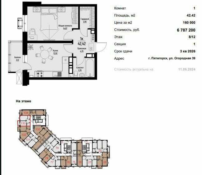 Продажа 1-комнатной новостройки, Пятигорск, Огородная ул,  39