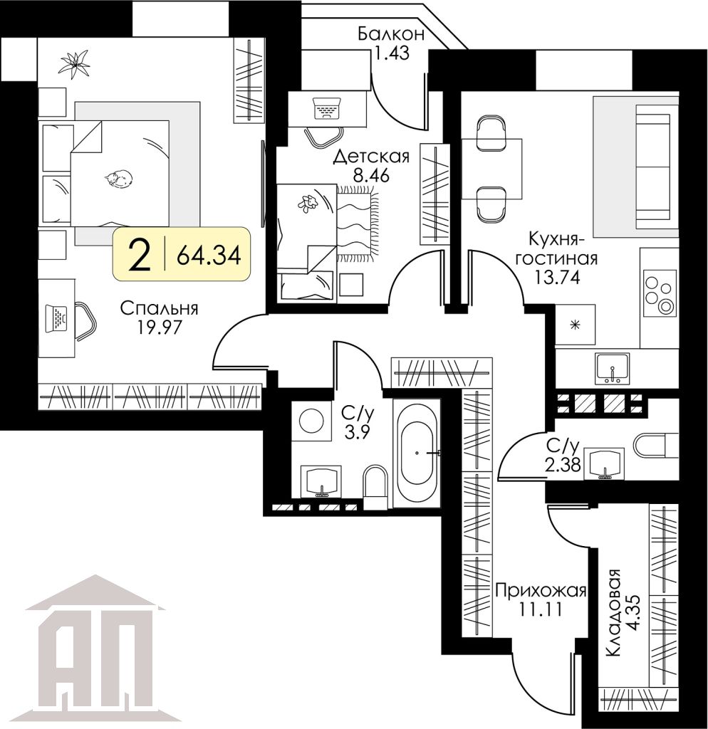 Продажа 2-комнатной новостройки, Тверь, Коминтерна ул,  95к